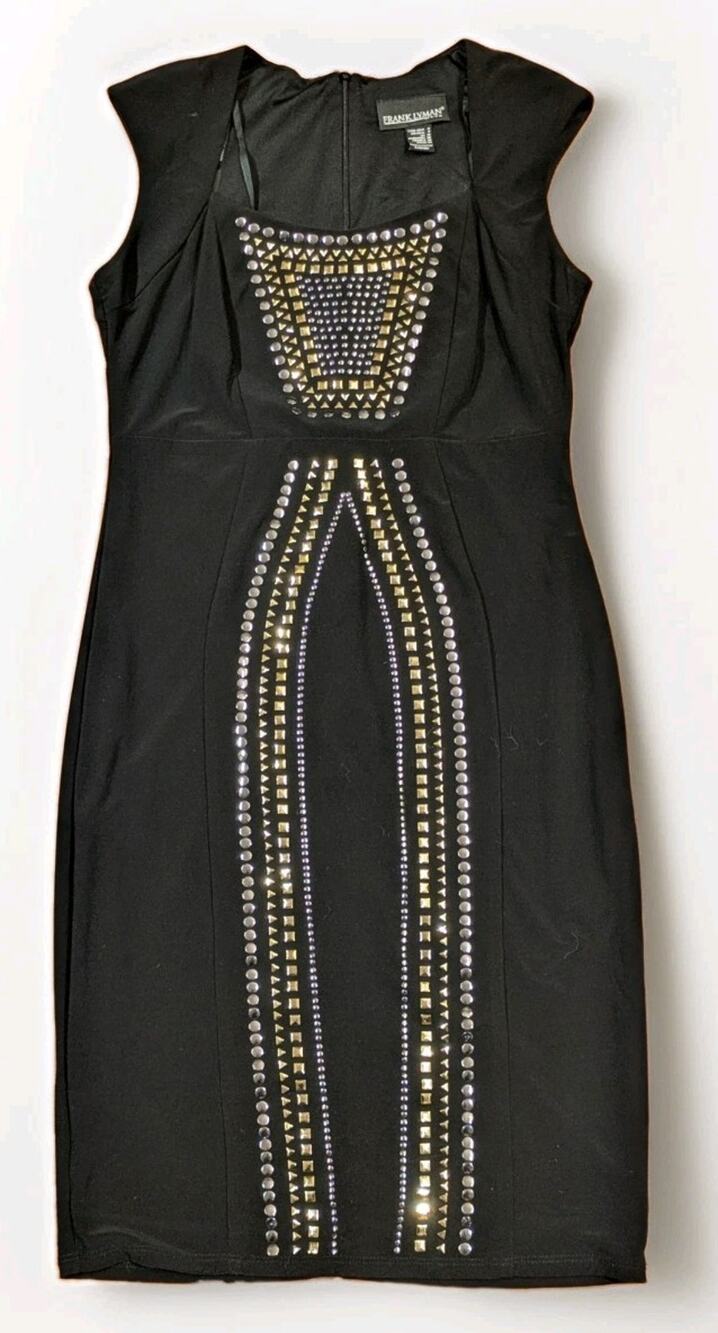 VTG Frank Lyman Dress 8 Black Studded Rhinestone Sheath Cocktail MI Canada Y2K